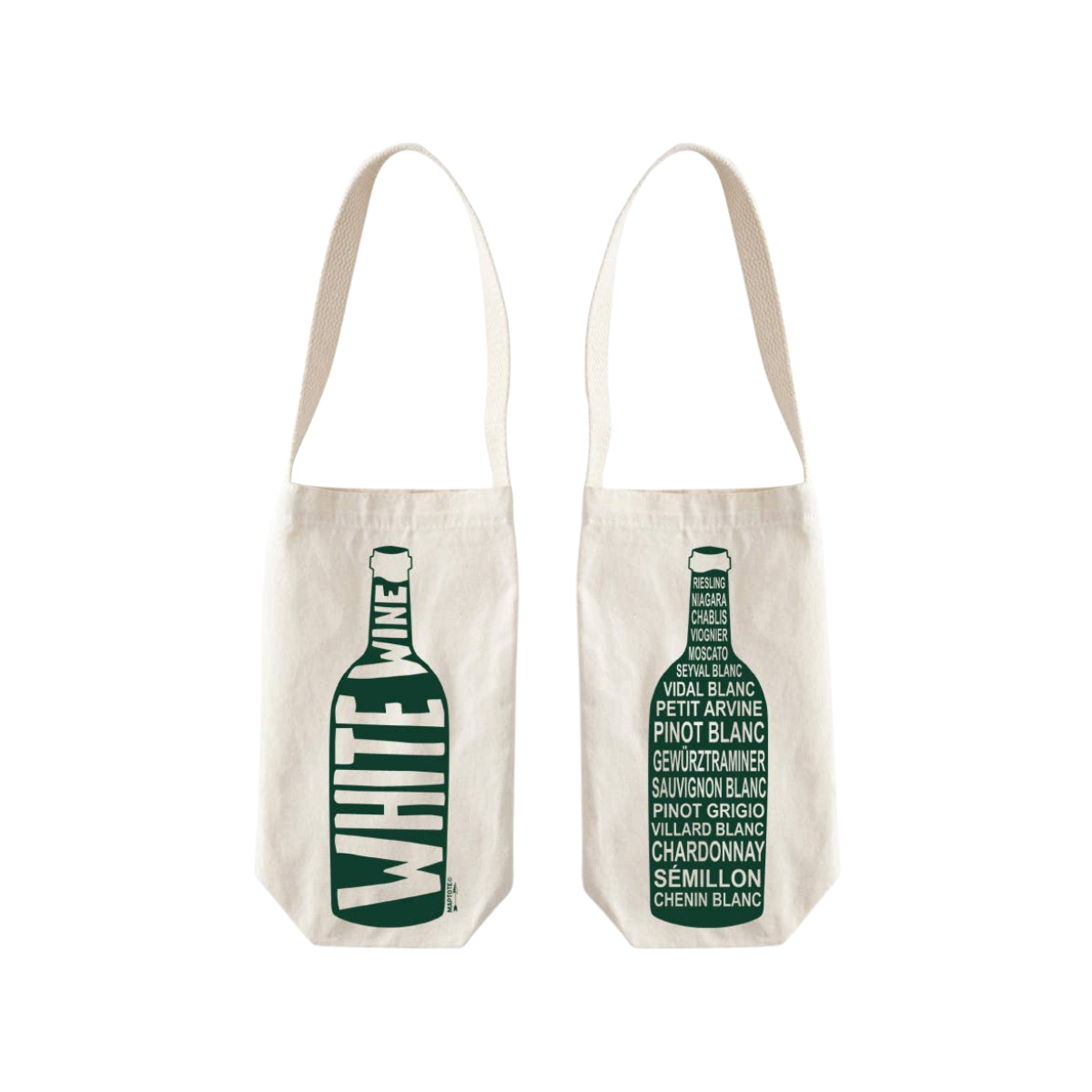 White Wine Tote in natural canvas with green text, "WHITE WINE" on front and wine list on back, both forming a bottle.