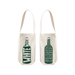 White Wine Tote in natural canvas with green text, "WHITE WINE" on front and wine list on back, both forming a bottle.