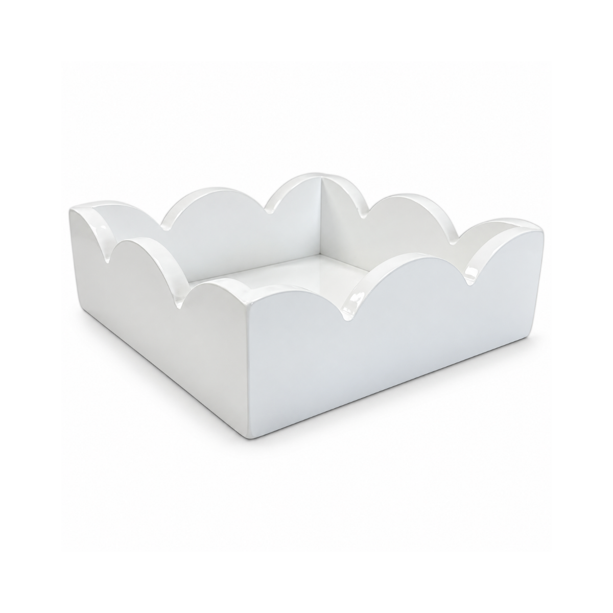 Lacquered Scalloped Napkin Holder, brilliant white glossy finish with distinctive wavy top edges.