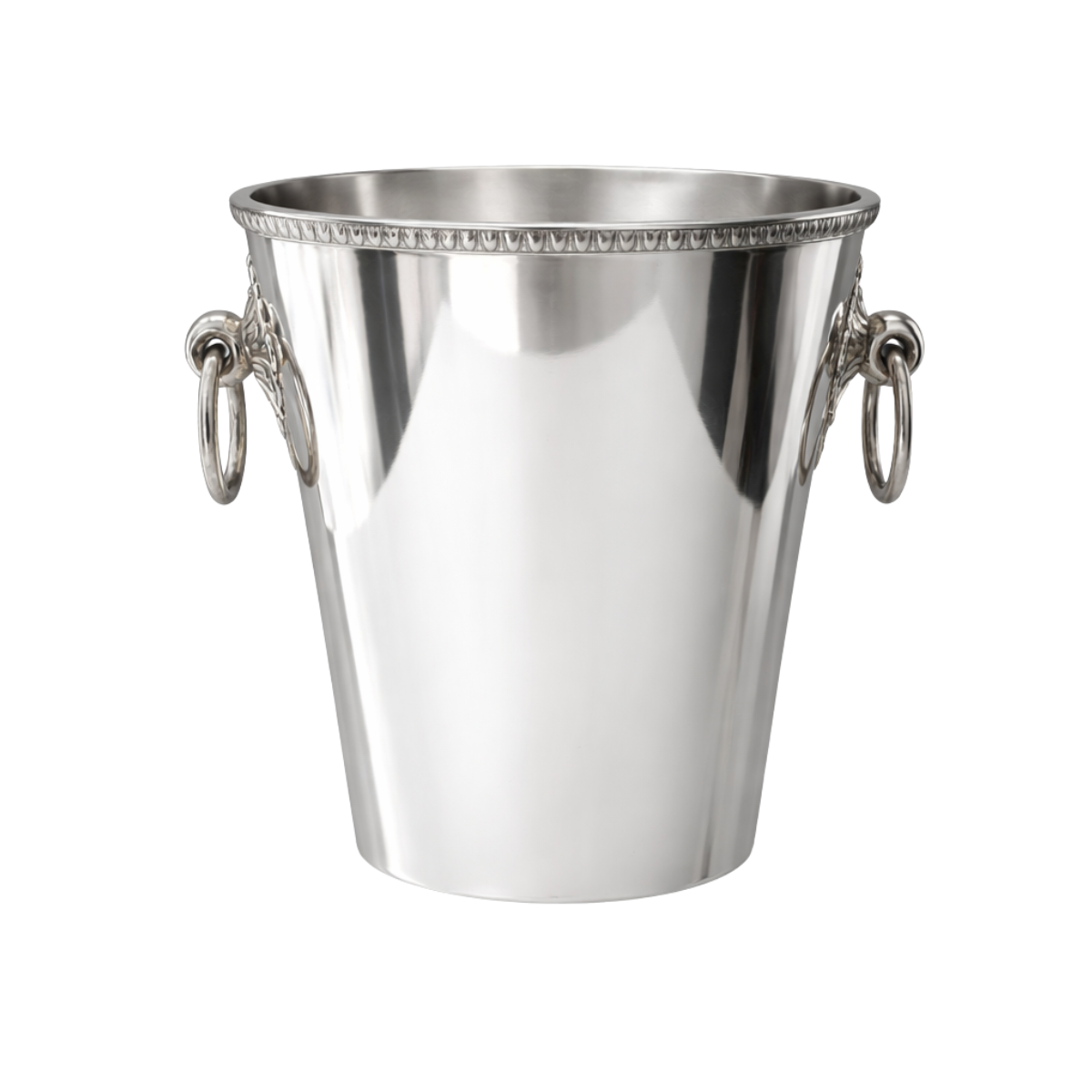 Vintage Silverplated Champagne Bucket with a polished silver finish, ornate ring handles, and decorative patterned rim.