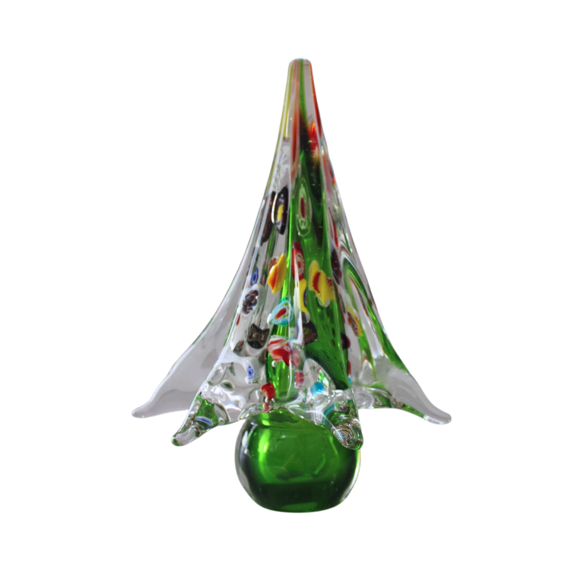 Vintage Murano Confetti Glass Christmas Tree, green base, clear conical top with multicolored confetti, fluted, on white.