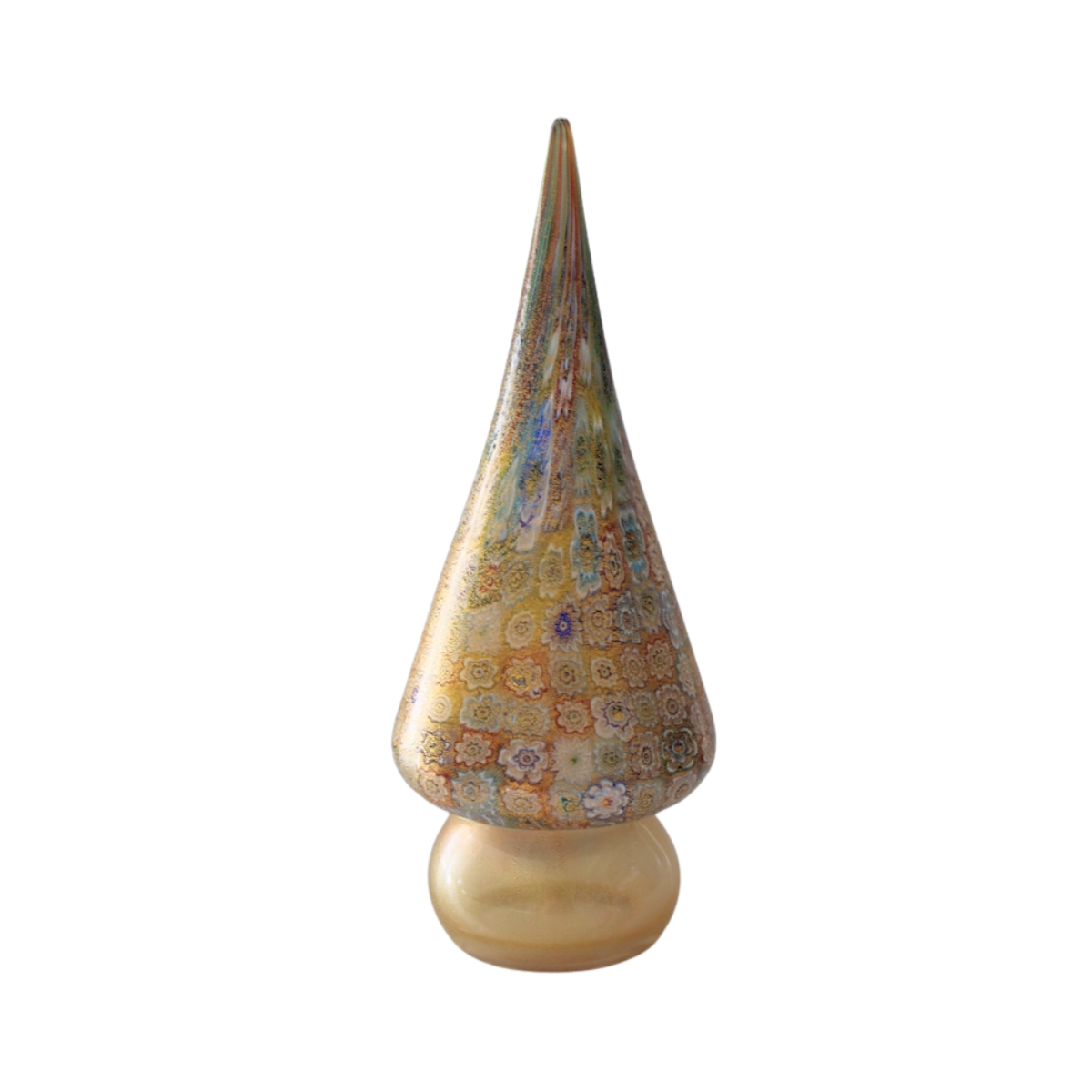 Vintage Murano Millefiori Gold Glass Christmas Tree, conical shape, multi-colored floral pattern, with a shimmering gold base.