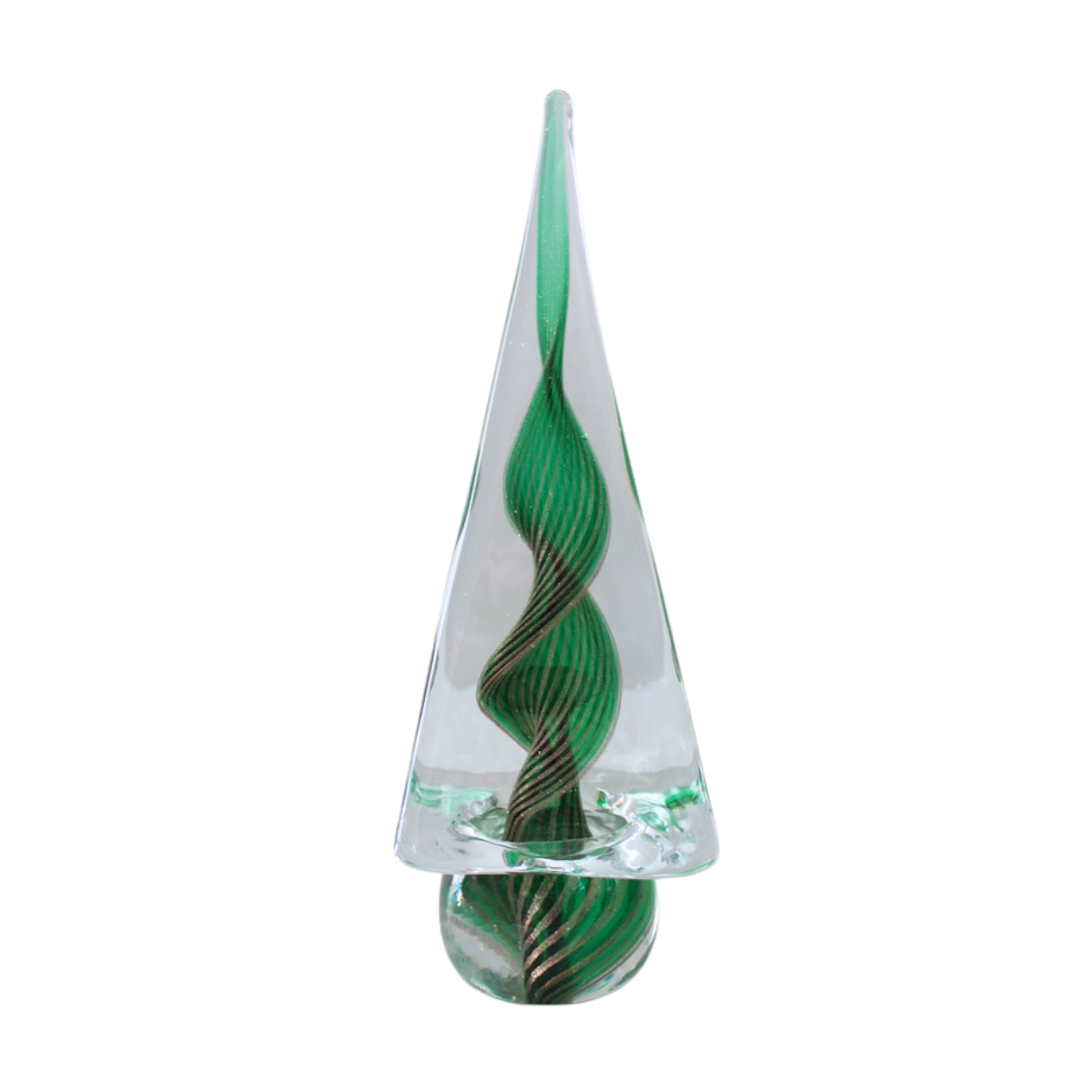 Vintage Murano Twisted Emerald Glass Christmas Tree, clear conical shape with an inner emerald green and gold spiral design.