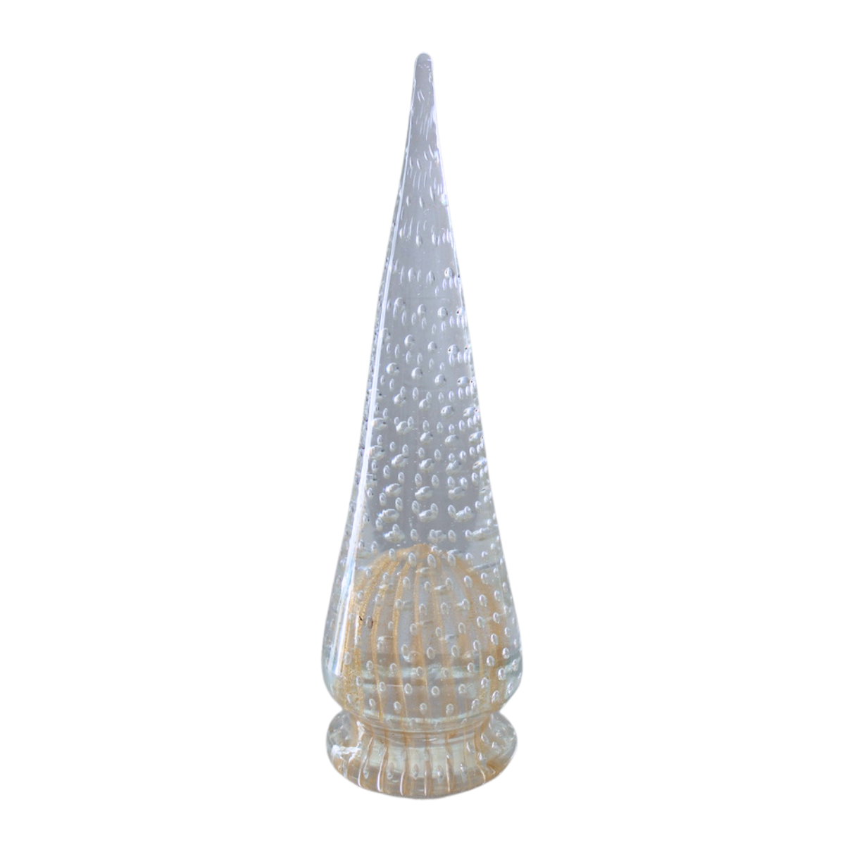 Vintage Murano Bubble Glass Christmas Tree, a clear conical glass art piece with embedded bubbles and a ribbed gold base on white.