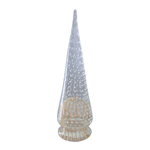 Vintage Murano Bubble Glass Christmas Tree, a clear conical glass art piece with embedded bubbles and a ribbed gold base on white.