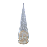 Vintage Murano Bubble Glass Christmas Tree, a clear conical glass art piece with embedded bubbles and a ribbed gold base on white.