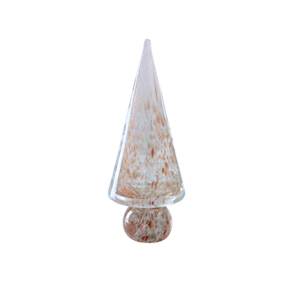 Vintage Murano Gold Fleck Glass Christmas Tree in clear glass with gold and reddish flecks, a conical shape, and a round base.