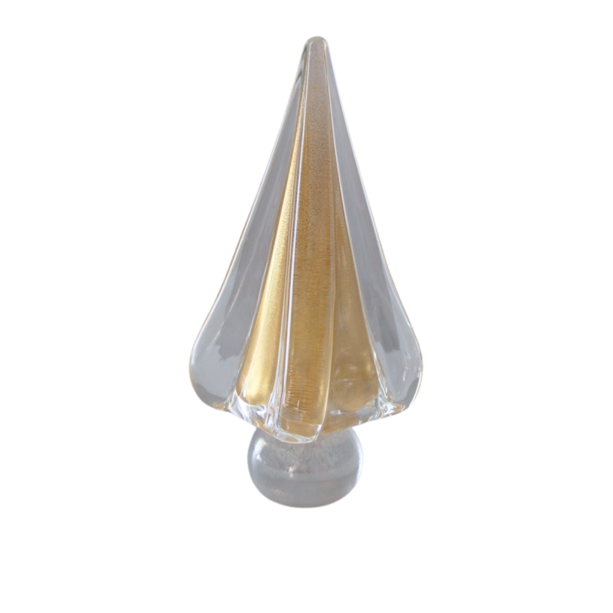 Vintage Murano Gold Core Glass Christmas Tree, clear conical glass with a ribbed shimmering gold core and round base.