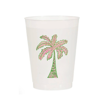 Palm Tree Frosted Cups | Set of 10 translucent plastic cups with a vibrant pink and green palm tree design.