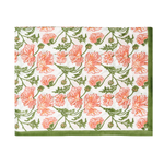 Poppy Tablecloth: folded cotton fabric, white background, peach poppy pattern with olive green vines, dark green border.