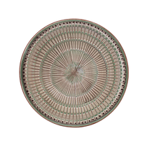 Peacock Dish | Brown + Green: Round ceramic plate with an intricate radial green and brown feather pattern.