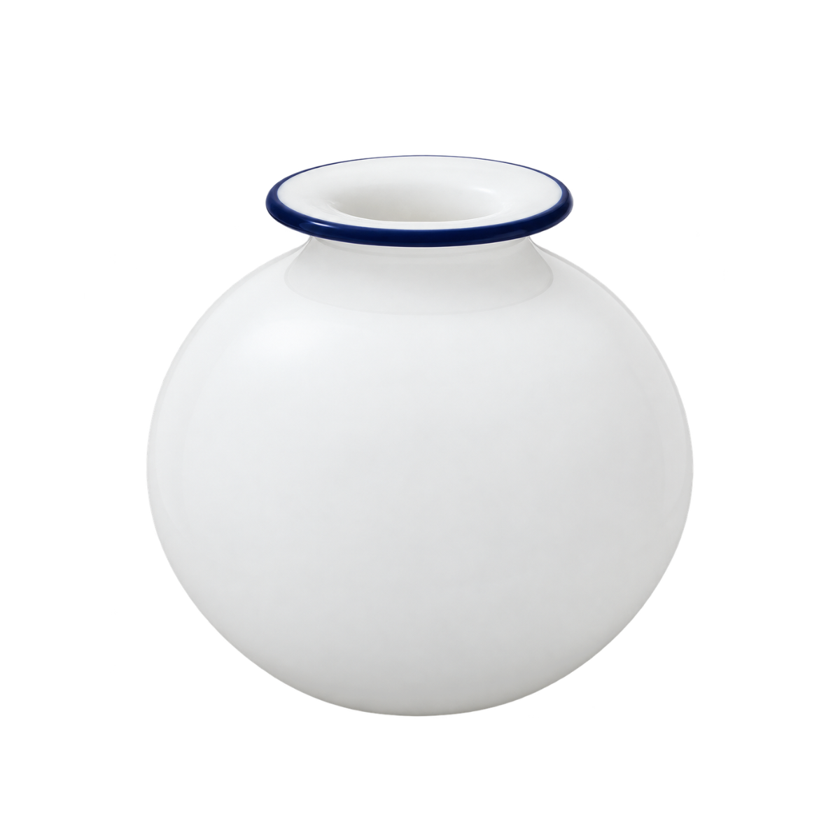Eugène Glass Vase, white spherical glass vase with a navy blue lipped rim, isolated on white background.