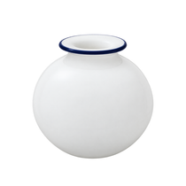 Eugène Glass Vase, white spherical glass vase with a navy blue lipped rim, isolated on white background.