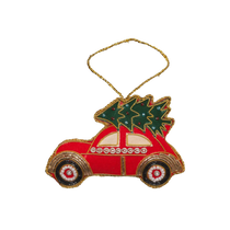 Christmas Tree Car Ornament, red velvet-like fabric car with green beaded trees, gold embroidered trim, and colorful bead details.