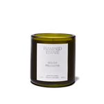 Golden Pollinator Candle, a cylindrical dark green glass jar candle with white label and light yellow wax, on a clean white background.