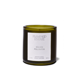 Golden Pollinator Candle, a cylindrical dark green glass jar candle with white label and light yellow wax, on a clean white background.