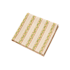 Elise Napkin in white cotton with orange stripes and green floral vine border, folded square shape