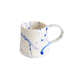 Blue Splatter Barrel Mug in white ceramic with vibrant blue splatter pattern, isolated on a clean white background.