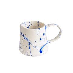 Blue Splatter Barrel Mug in white ceramic with vibrant blue splatter pattern, isolated on a clean white background.
