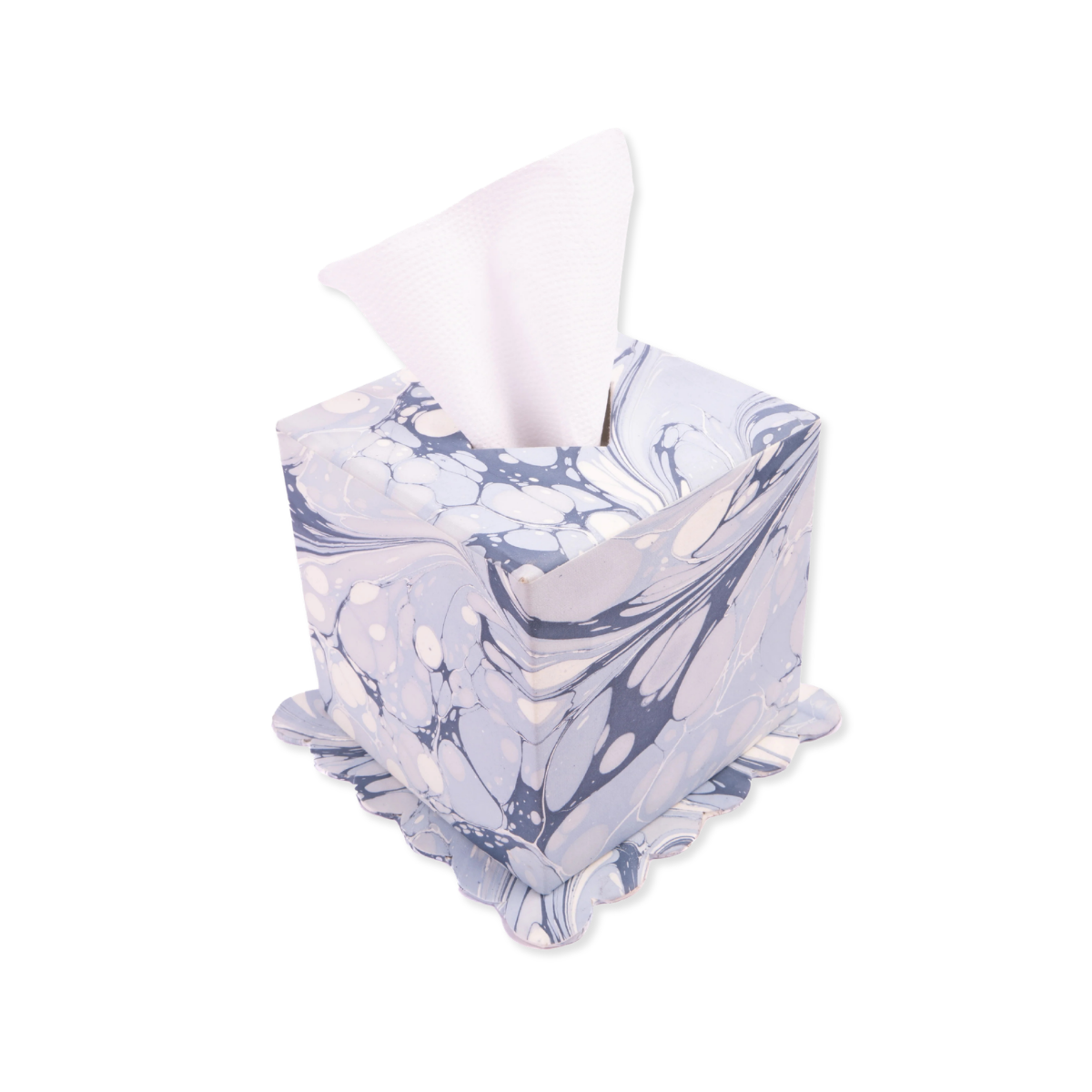 Hand-Marbled Scallop Tissue Box Cover in Ocean Wave, square blue and white swirled pattern on a scallop base, white tissue visible.