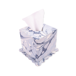 Hand-Marbled Scallop Tissue Box Cover in Ocean Wave, square blue and white swirled pattern on a scallop base, white tissue visible.
