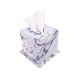 Hand-Marbled Scallop Tissue Box Cover in Ocean Wave, square blue and white swirled pattern on a scallop base, white tissue visible.