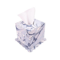 Hand-Marbled Scallop Tissue Box Cover in Ocean Wave, square blue and white swirled pattern on a scallop base, white tissue visible.