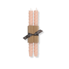 10" Rope Taper Handmade Beeswax Candles, blush pink twisted design, bound in a corrugated cardboard sleeve.