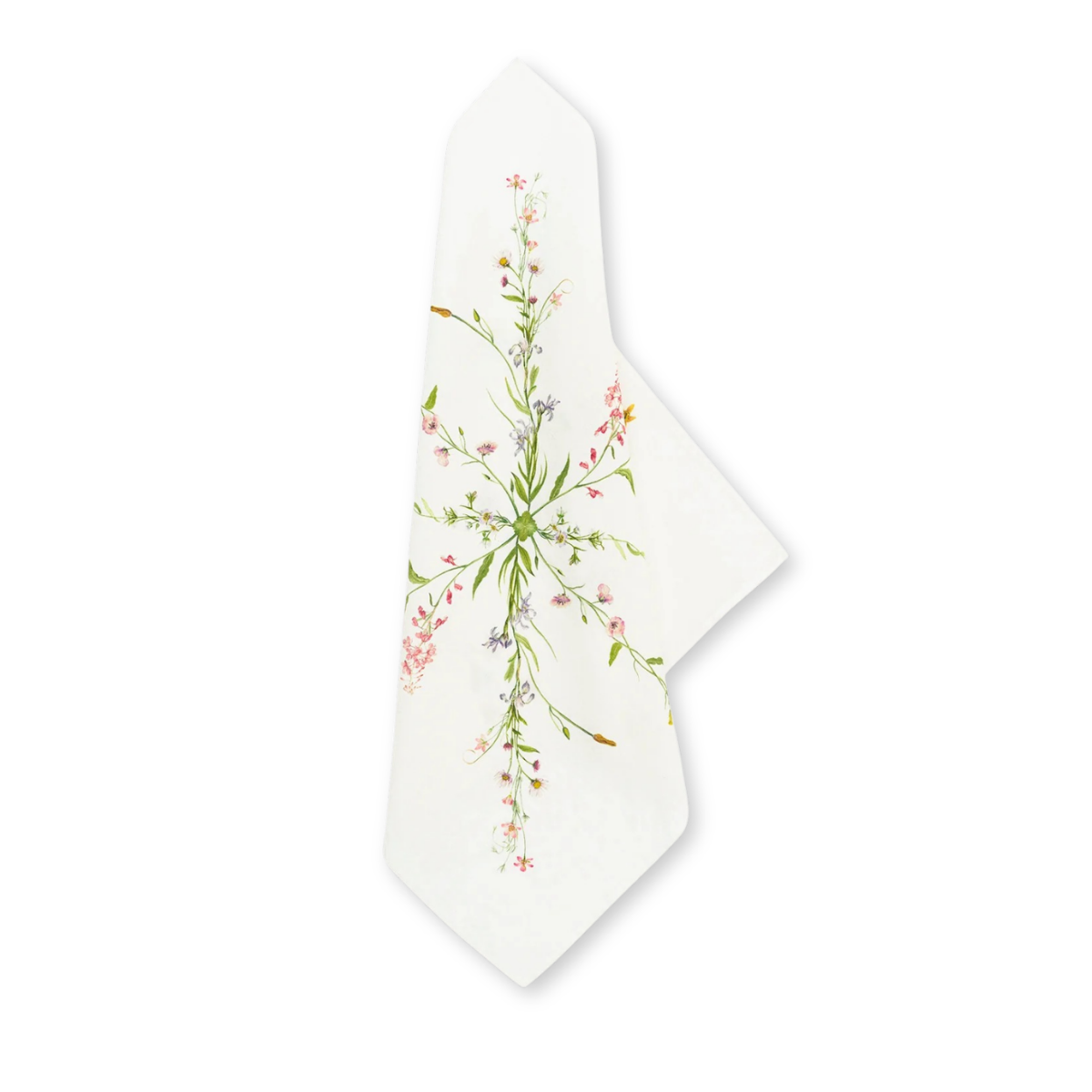 Our June Floral Linen Napkin, white linen with a delicate wildflower pattern in pink, purple, and green, elegantly folded.