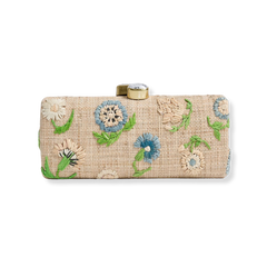 Petite Fleur Clutch: natural woven raffia rectangular bag with blue, cream, green floral embroidery & gold clasp on white.