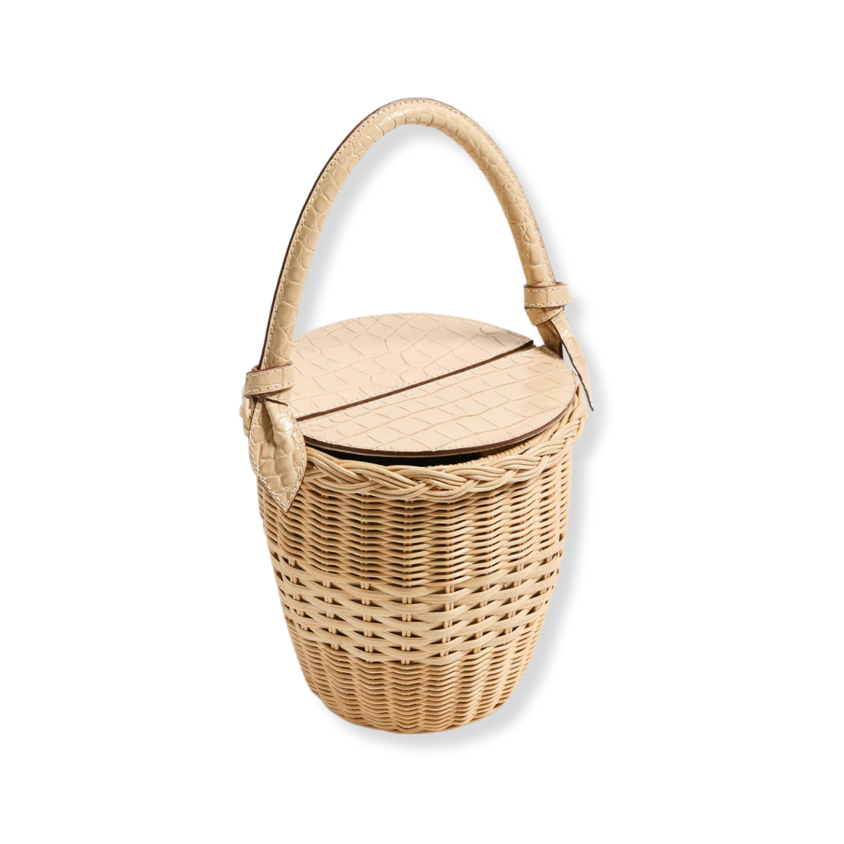 The Jane Sand Handbag: Beige woven wicker bucket bag with a round croc-embossed leather lid and matching top handle.