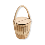 The Jane Sand Handbag: Beige woven wicker bucket bag with a round croc-embossed leather lid and matching top handle.