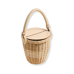 The Jane Sand Handbag: Beige woven wicker bucket bag with a round croc-embossed leather lid and matching top handle.