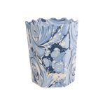 Hand-Marbled Scallop Waste Bin in Ocean Wave pattern with blue, white and cream swirled marbled design