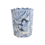 Hand-Marbled Scallop Waste Bin in Ocean Wave pattern with blue, white and cream swirled marbled design