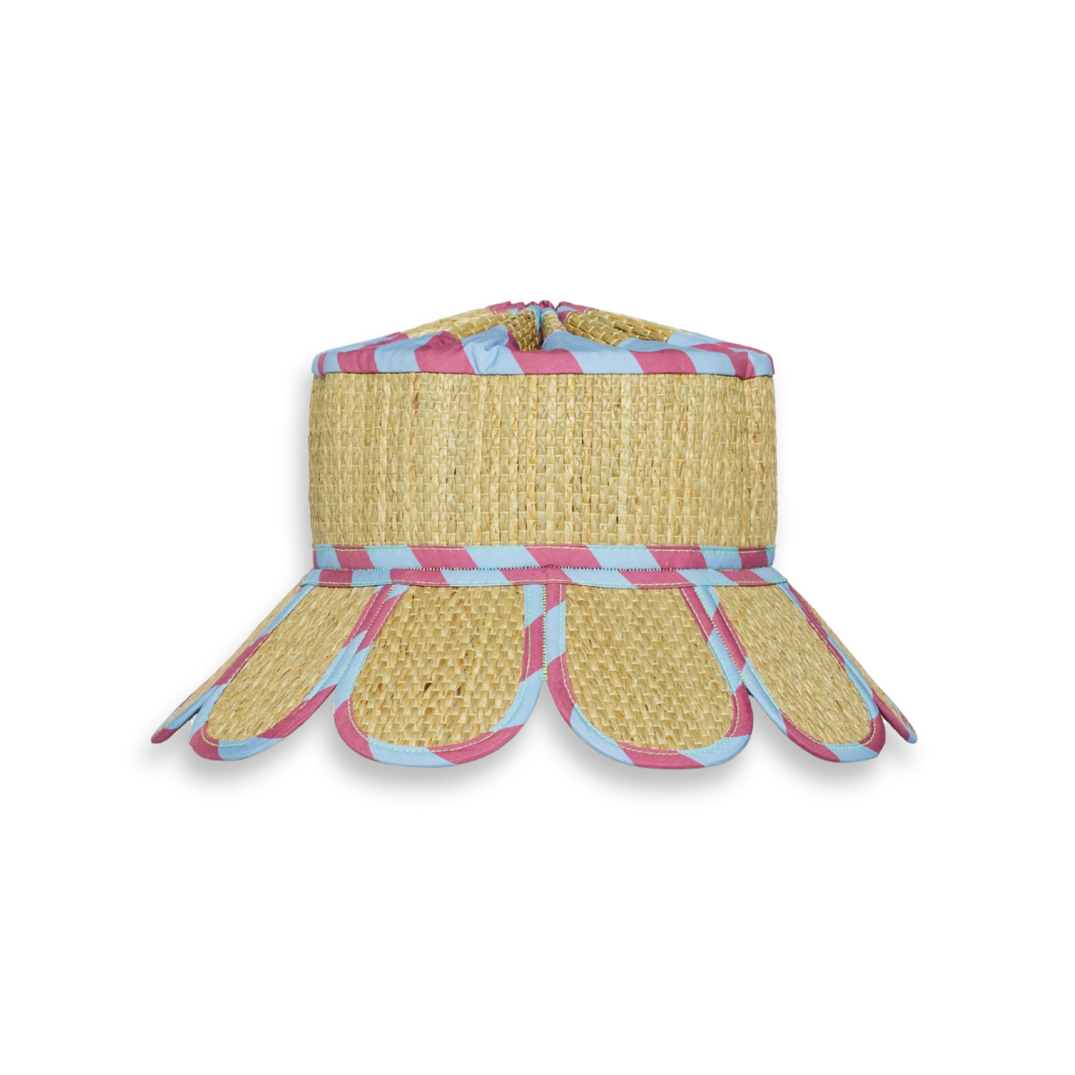 Rumba Ribbons Luxe Manhattan Hat in natural straw with pink and blue striped ribbon trim and scalloped brim