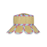 Rumba Ribbons Luxe Manhattan Hat in natural straw with pink and blue striped ribbon trim and scalloped brim