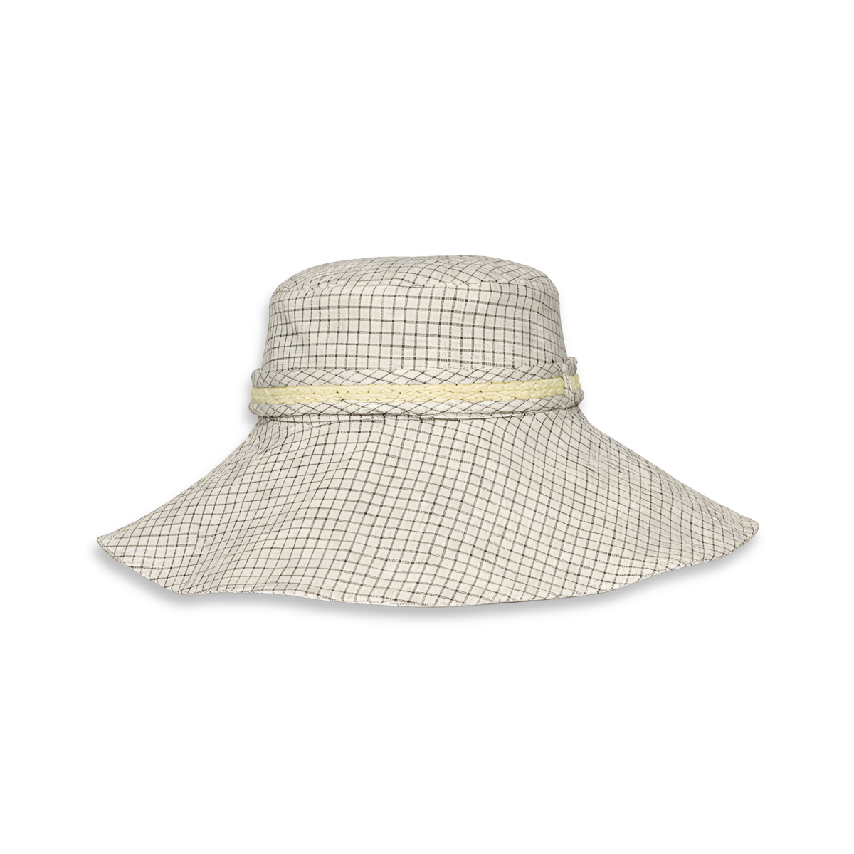 East Coast Rottnest Island Hat, cream and grey fine grid patterned bucket hat with wide floppy brim and yellow braided band on white background.