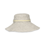 East Coast Rottnest Island Hat, cream and grey fine grid patterned bucket hat with wide floppy brim and yellow braided band on white background.