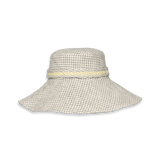East Coast Rottnest Island Hat, cream and grey fine grid patterned bucket hat with wide floppy brim and yellow braided band on white background.