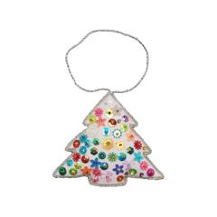 Holiday Tree Ornament, white felt Christmas tree shape, embellished with colorful sequin flowers, beads, and a silver hanging loop.