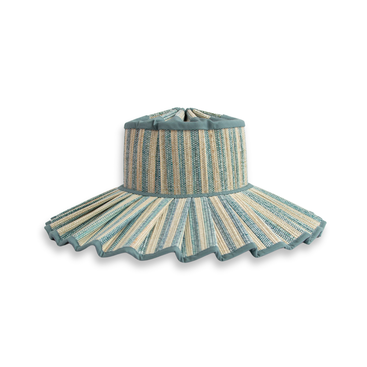 French Villa Island Capri Hat, woven raffia with high crown, wide pleated brim, light blue and beige stripes, wavy edge.