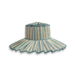 French Villa Island Capri Hat, woven raffia with high crown, wide pleated brim, light blue and beige stripes, wavy edge.