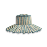 French Villa Island Capri Hat, woven raffia with high crown, wide pleated brim, light blue and beige stripes, wavy edge.