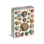 John Derian Paper Goods | Shells 1,000-Piece Puzzle. Blue patterned puzzle box with colorful shells, isolated.