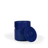 Asti Ice Bucket in deep blue glossy plastic, cylindrical shape with a ribbed middle and a round lid leaning open.