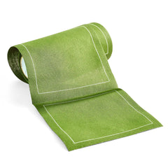 Olive Cocktail Napkins in a roll, featuring textured olive green material with white stitched borders, partially unrolled.