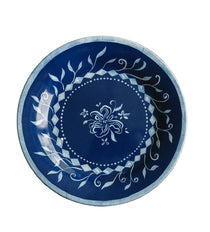 Botanical Melamine Plate, round, dark blue with white floral and leaf pattern, accented by a diamond and dot border.