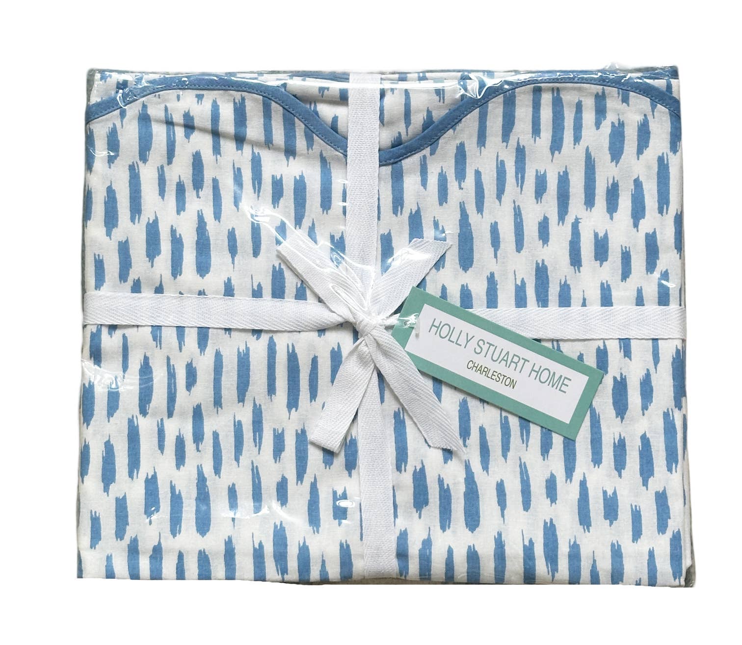 Dash Mahjong and Game Tablecloth | Ocean, a folded blue brushstroke fabric with curved border, wrapped in clear packaging.