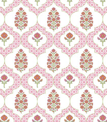 Indiennes Mahjong and Games Tablecloth | Pink, a repeating print on white with green ogee frames, pink geometric lattice, and pink-orange floral tree 